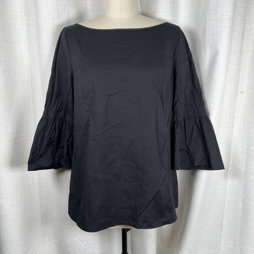 Lafayette 148 Blouse Boatneck 3/4 Bell Sleeves Ruffle Whimsygoth Size 16 Black